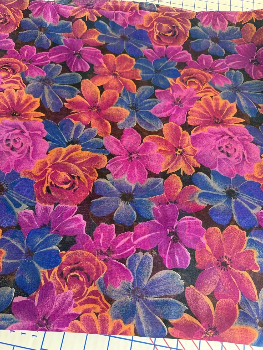 Vintage 90s Floral Chiffon Fabric 5.5 Yards Sheer Drapey Jewel Tone Floral